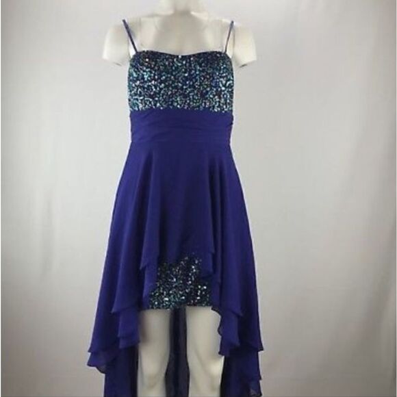 EUC HAILEY/ADRIANNA PAPELL Blue Long Back Short Front Rainbow Sequin Dress 3/4 - Picture 2 of 15